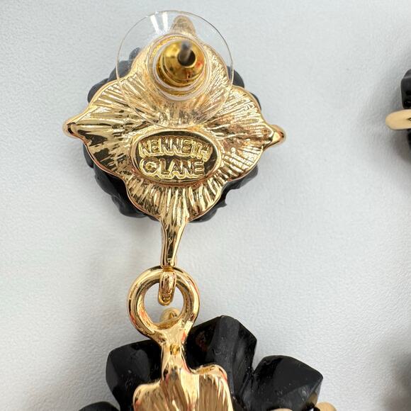 Rare Kenneth Jay Lane Black Resin Flower Drop Earrings Duster Statement Floral - Picture 10 of 14